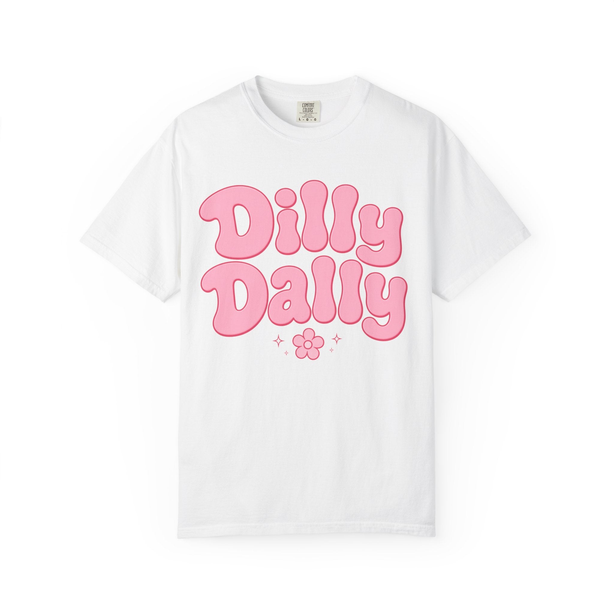 Dilly Dally pink bubble letters T-Shirt | groovy flower retro typography