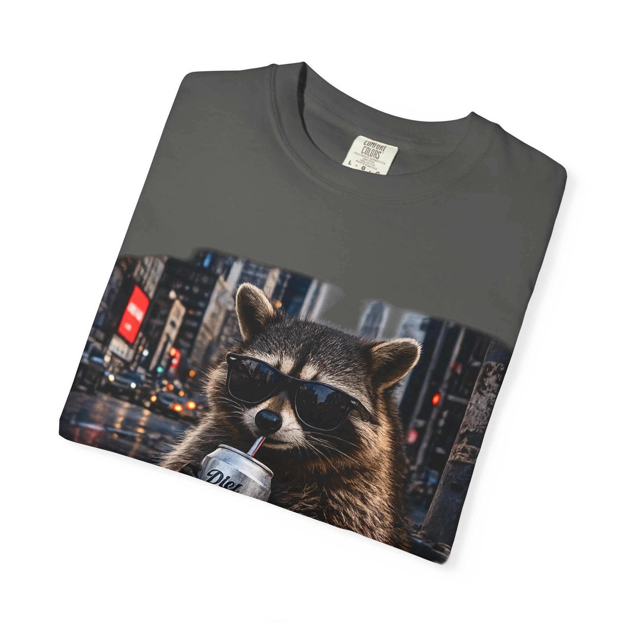 Raccoon Drinking Diet Coke T-shirt | City Night Street Scene