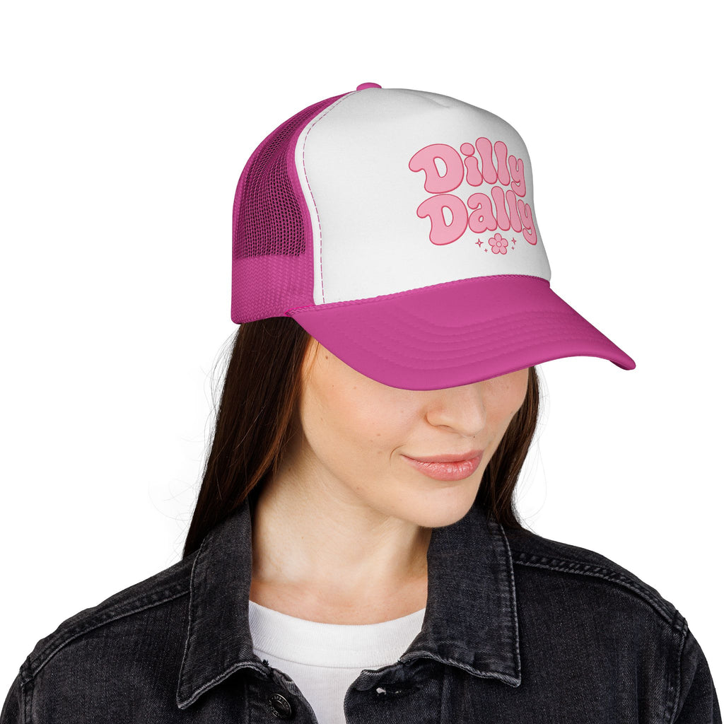 Dilly Dally pink bubbly lettering Trucker Cap | retro flower script