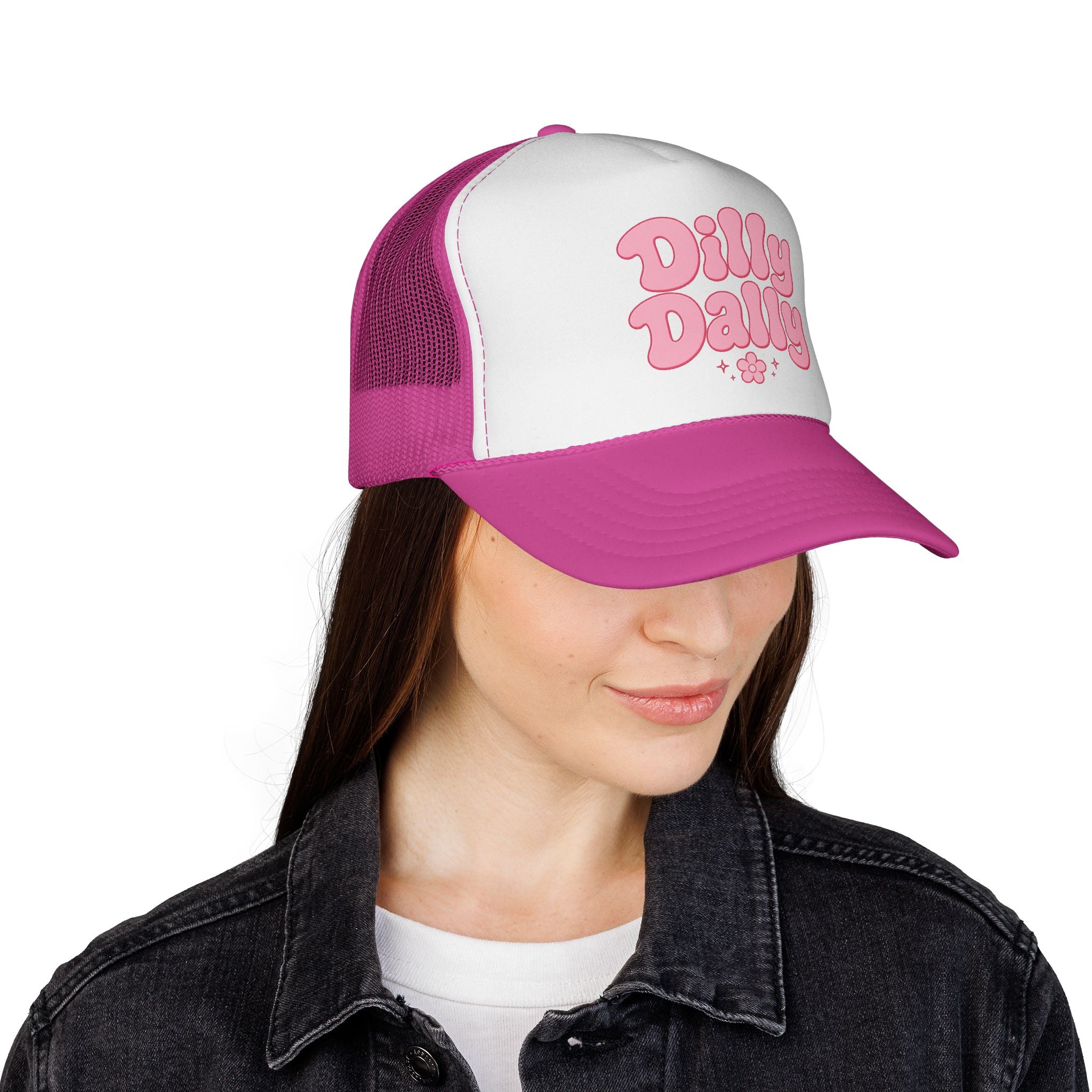 Dilly Dally pink bubbly lettering Trucker Cap | retro flower script