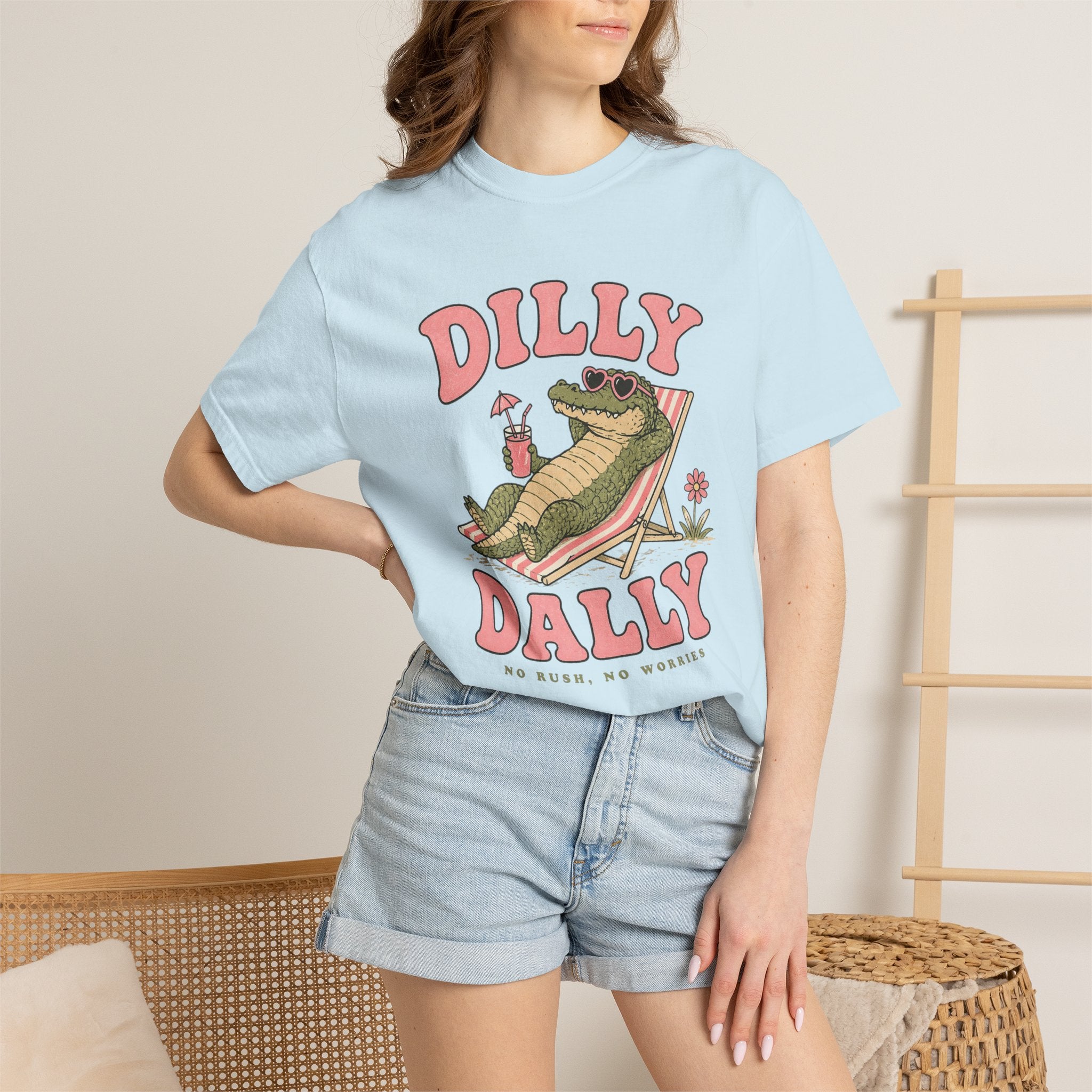 Dilly Dally Alligator Lounge T-shirt | Lazy Summer Palm Drink Graphic