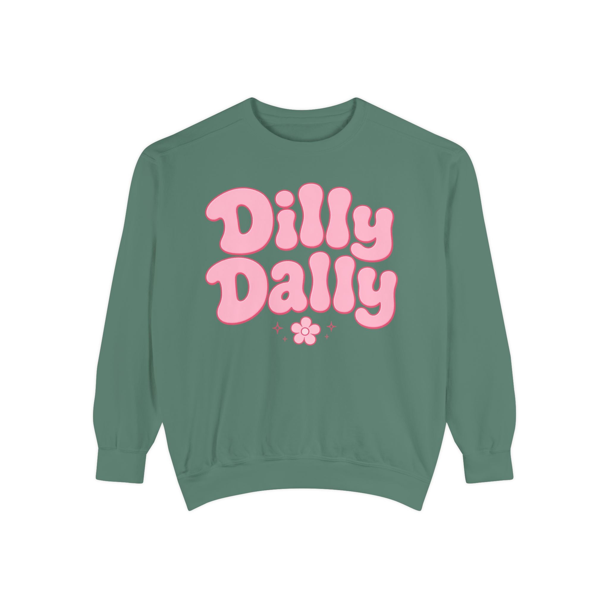 Dilly Dally bubble text sweatshirt | retro pink flower design