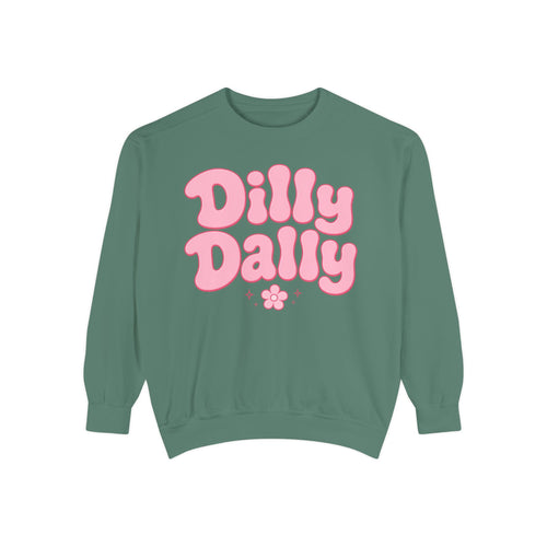Dilly Dally bubble text sweatshirt | retro pink flower design