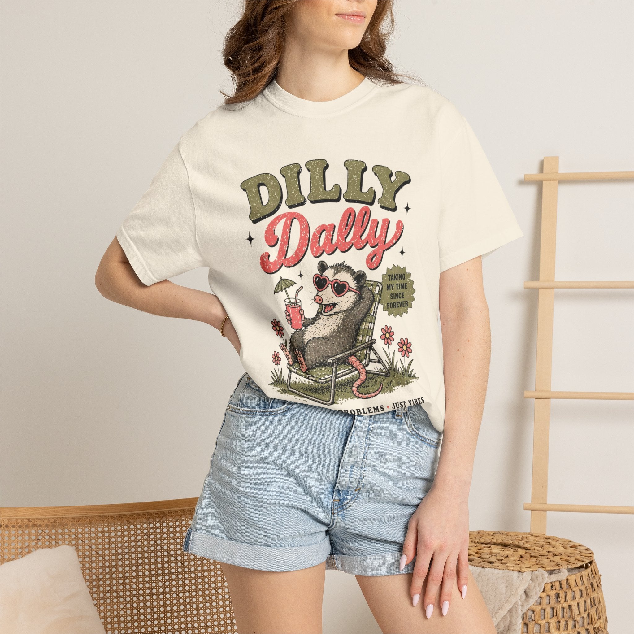Dilly Dally Sloth Relaxing with Drink T-shirt | Retro Chill Vibes