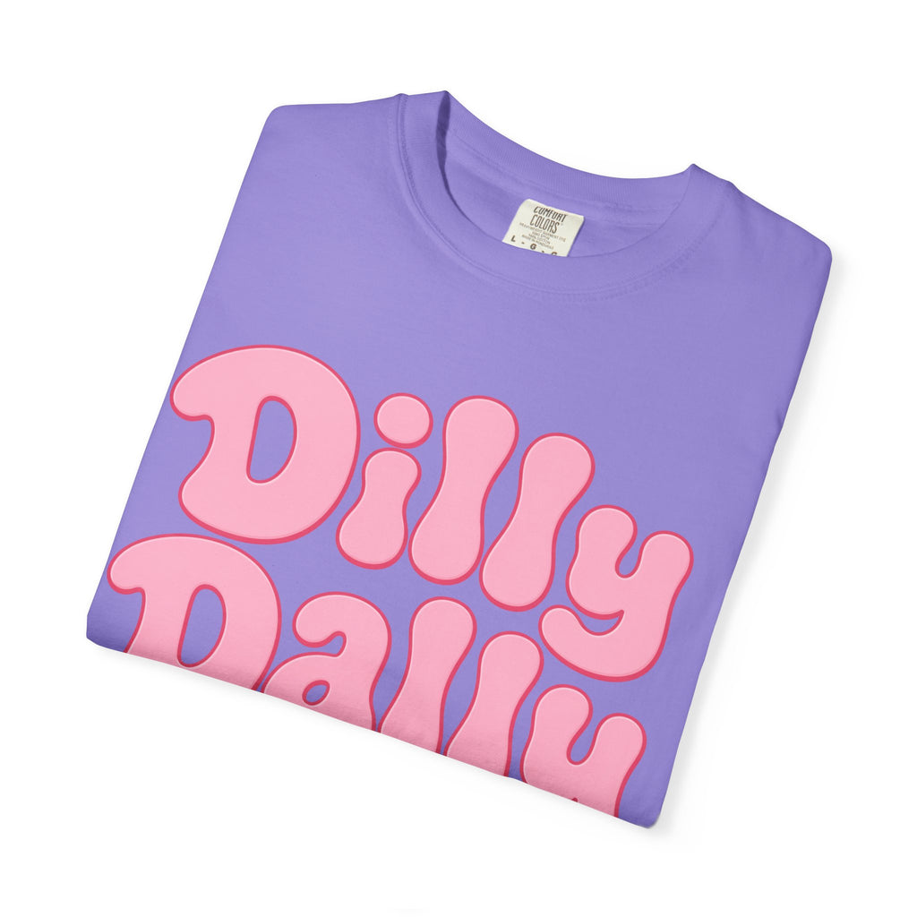 Dilly Dally pink bubble letters T-Shirt | groovy flower retro typography