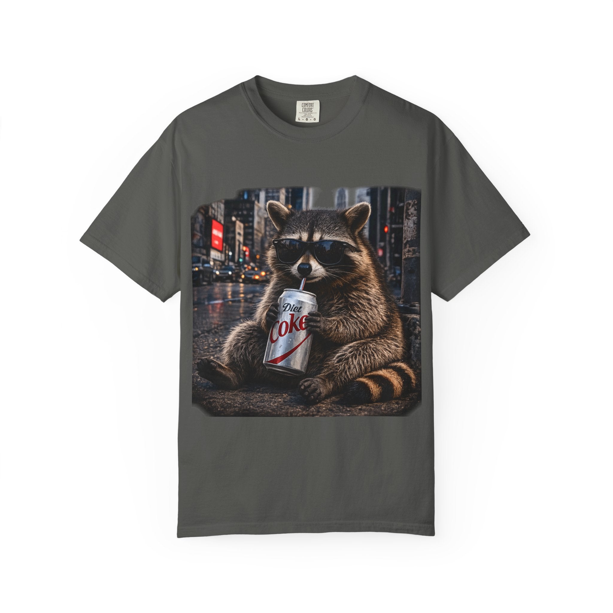 Raccoon Drinking Diet Coke T-shirt | City Night Street Scene