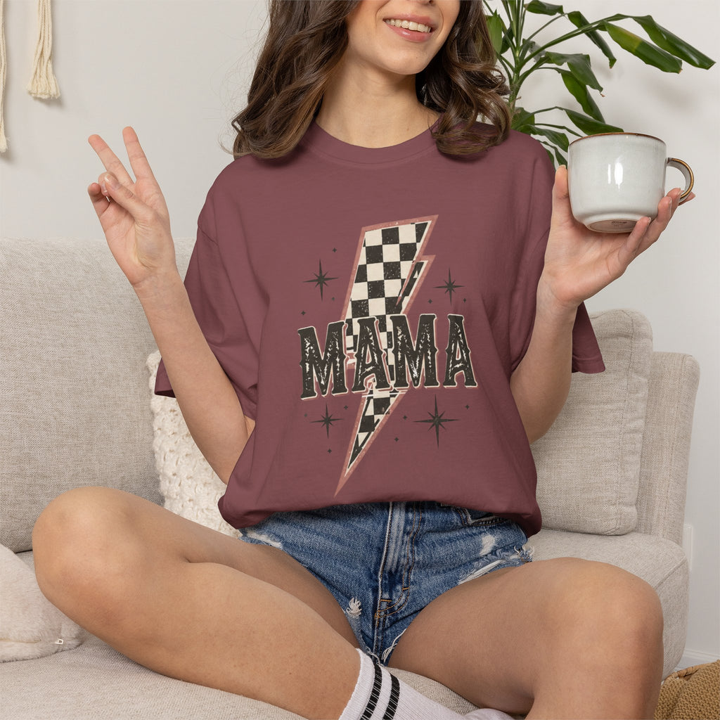 Mama Lightning Bolt Checkerboard T-shirt | Retro Rocker Mama Shirt