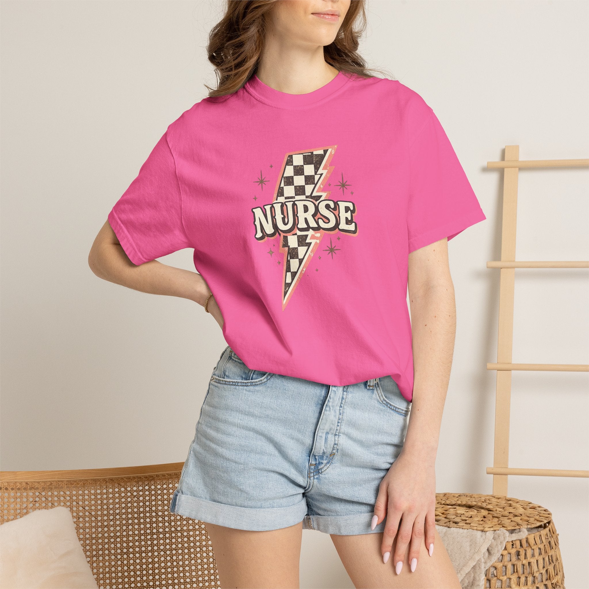 Checkerboard Lightning Nurse T-Shirt | Retro Sparkle Medical Tee