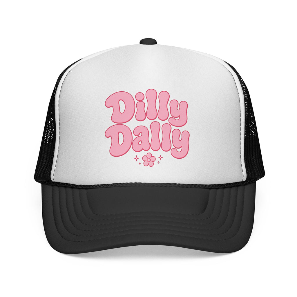 Dilly Dally pink bubbly lettering Trucker Cap | retro flower script
