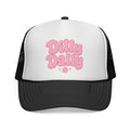 Dilly Dally pink bubbly lettering Trucker Cap | retro flower script
