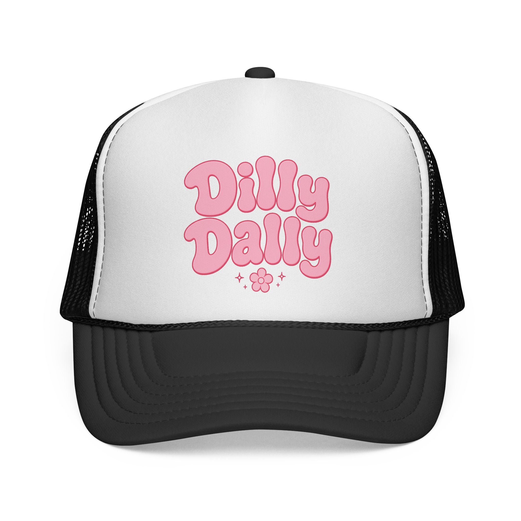Dilly Dally pink bubbly lettering Trucker Cap | retro flower script
