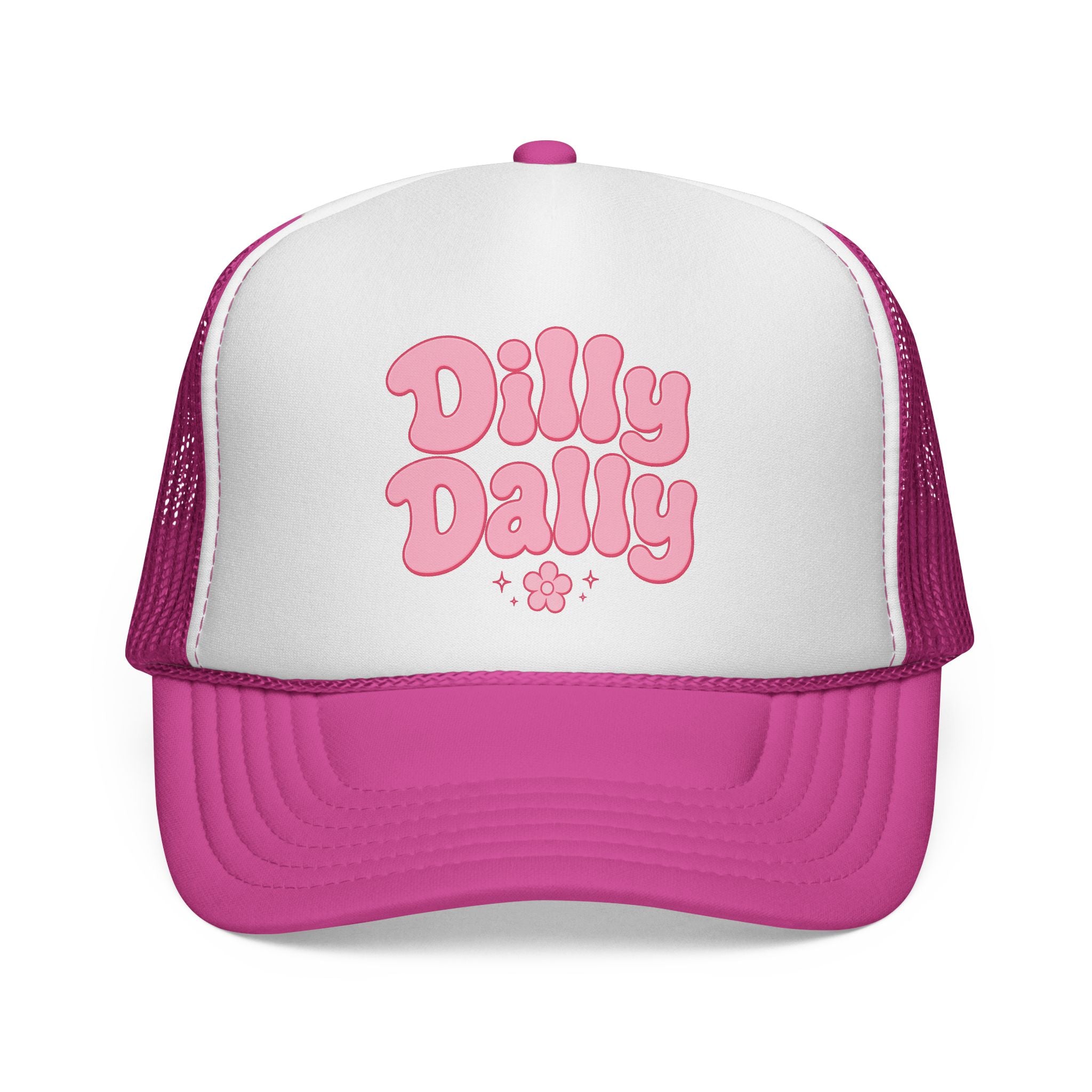 Dilly Dally pink bubbly lettering Trucker Cap | retro flower script