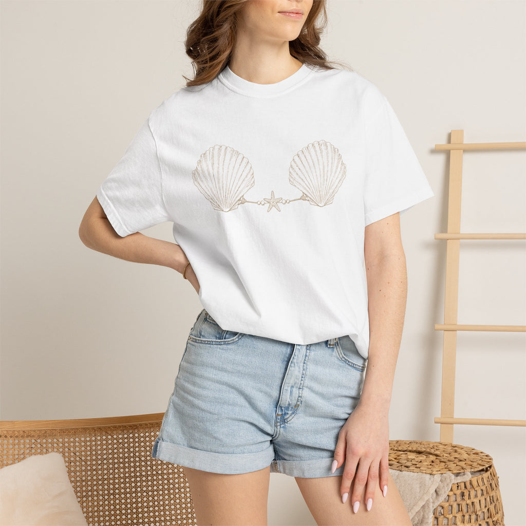 Seashell Bra Illustration T-shirt | Shell Bikini Graphic Tee