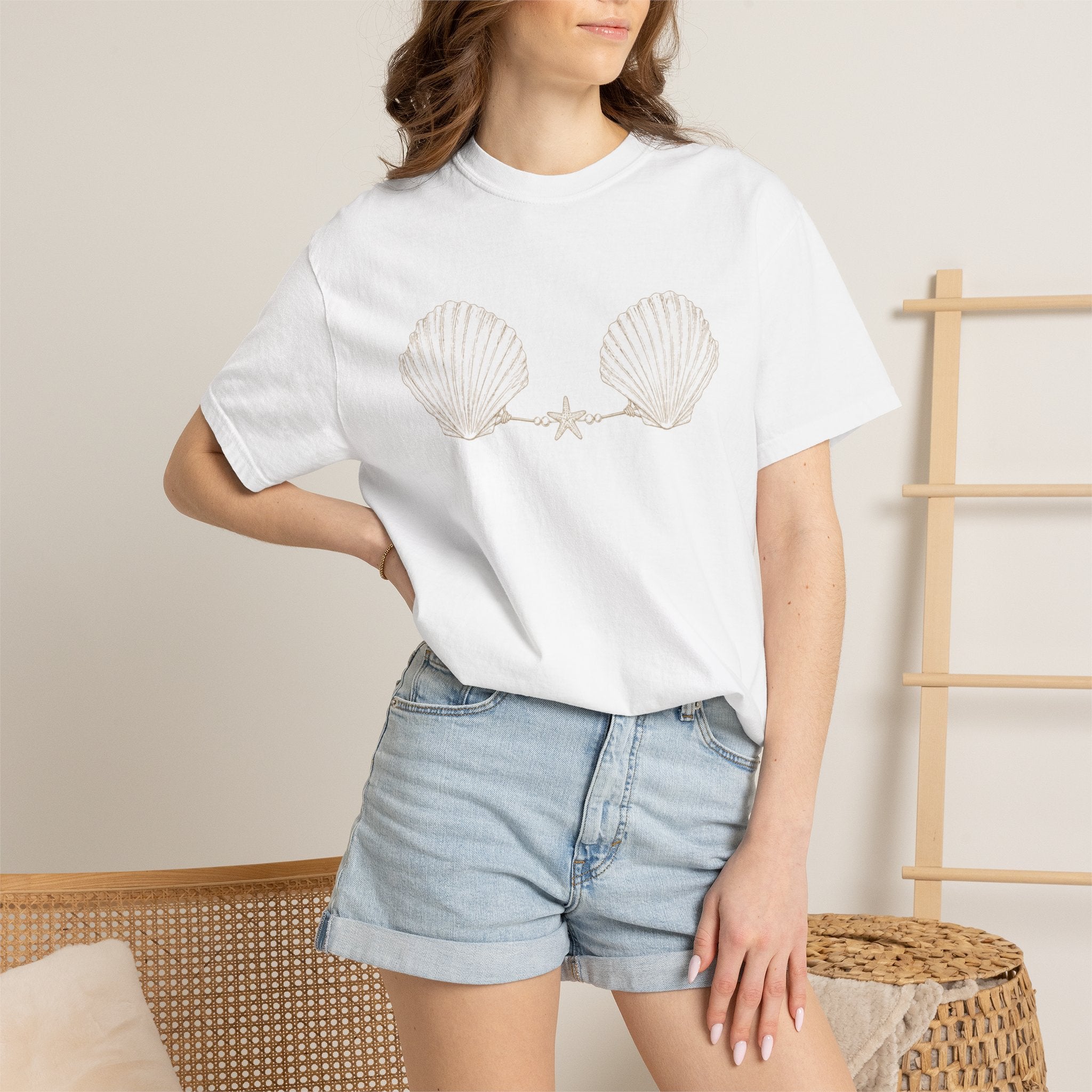 Seashell Bra Illustration T-shirt | Shell Bikini Graphic Tee