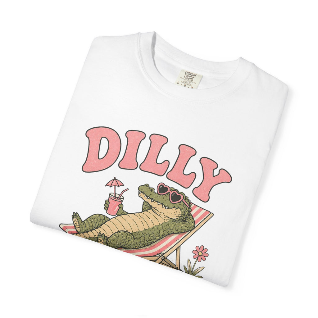Dilly Dally Alligator Lounge T-shirt | Lazy Summer Palm Drink Graphic