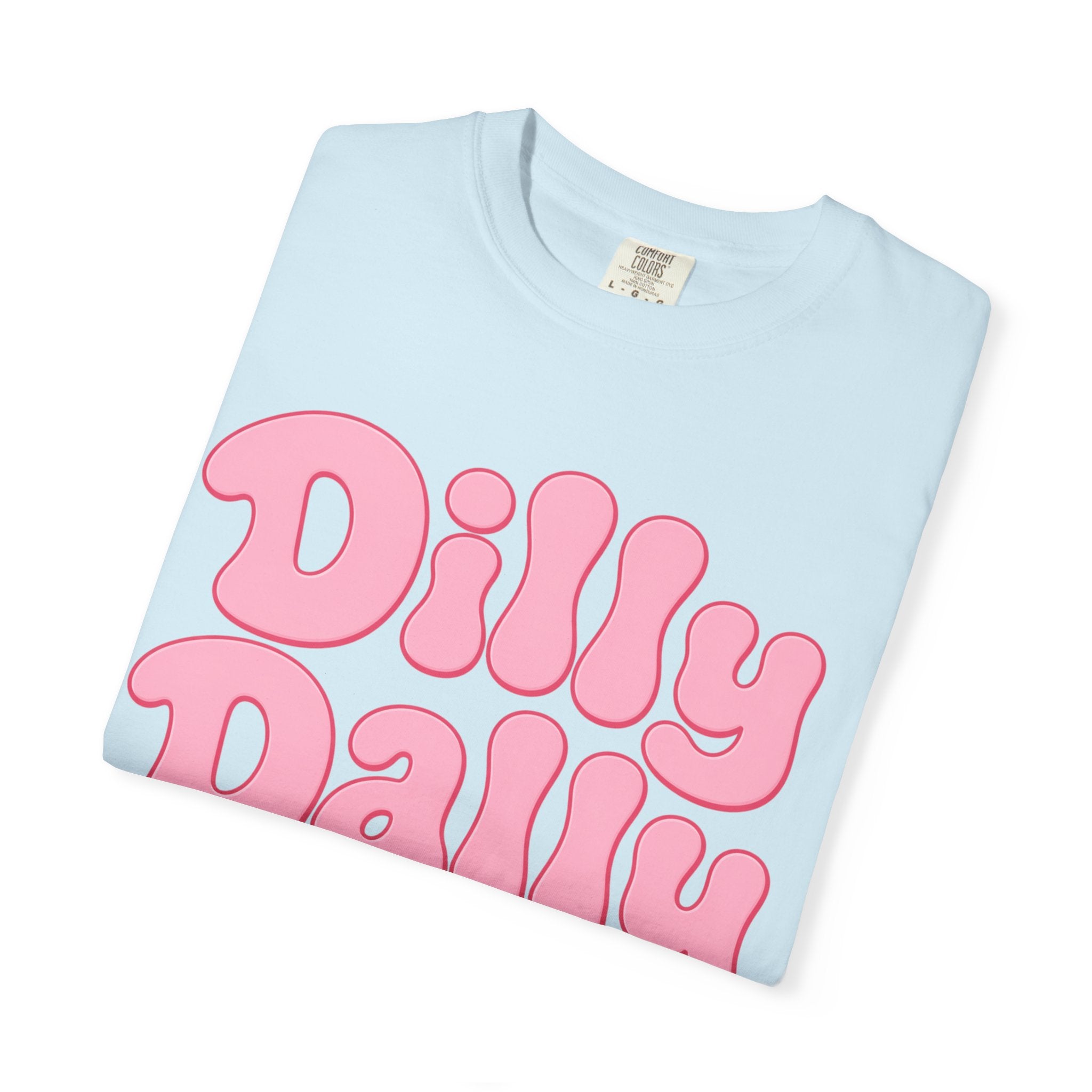 Dilly Dally pink bubble letters T-Shirt | groovy flower retro typography