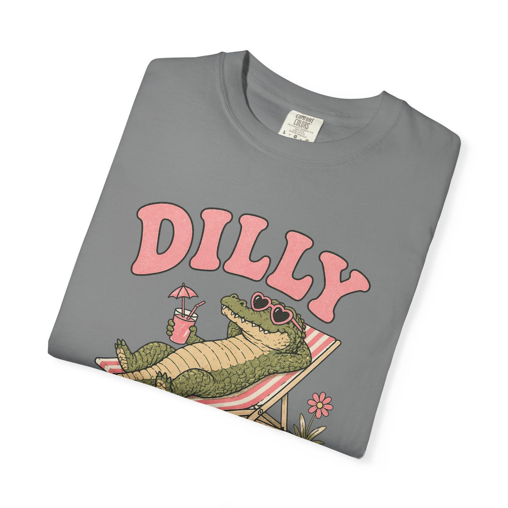 Dilly Dally Alligator Lounge T-shirt | Lazy Summer Palm Drink Graphic