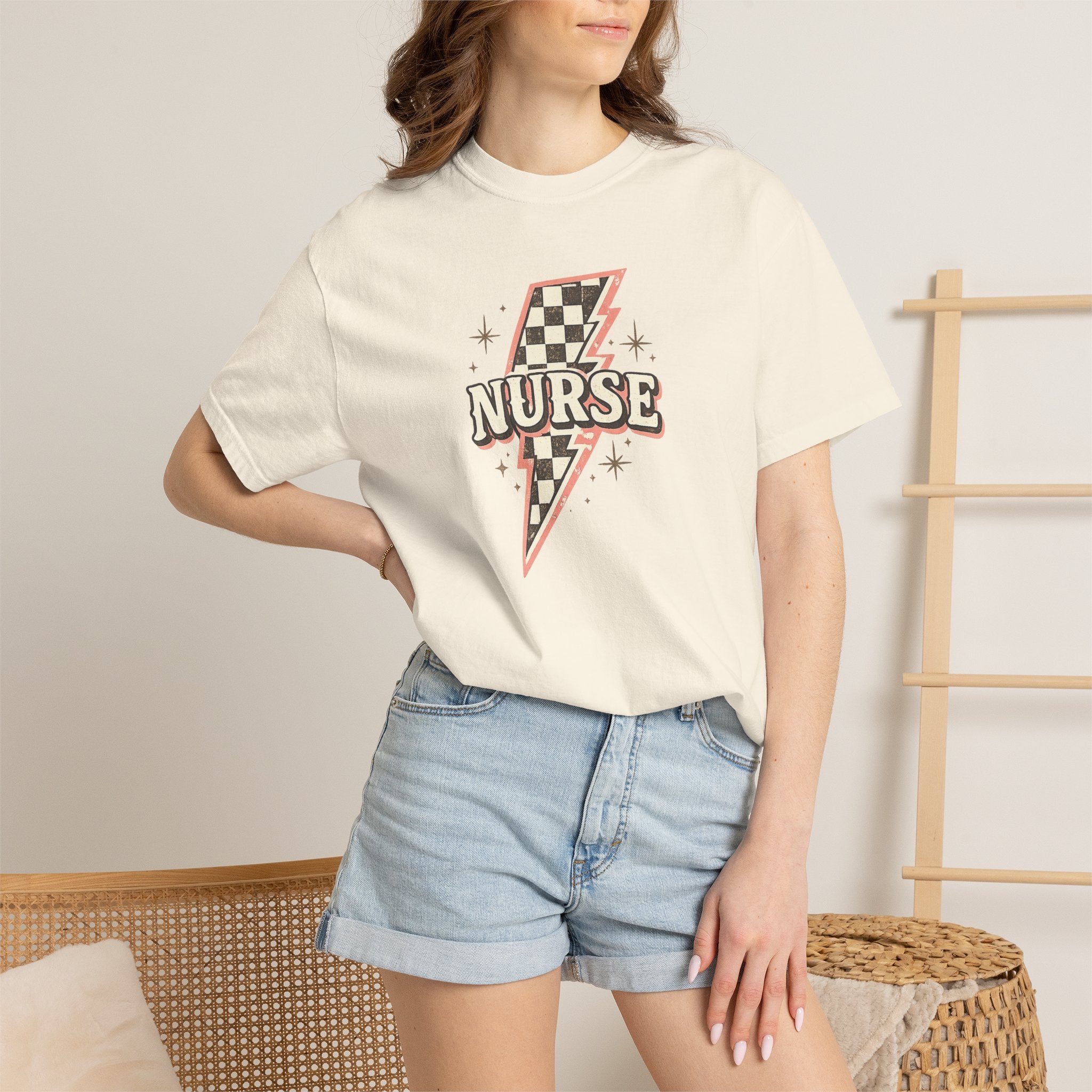Checkerboard Lightning Nurse T-Shirt | Retro Sparkle Medical Tee