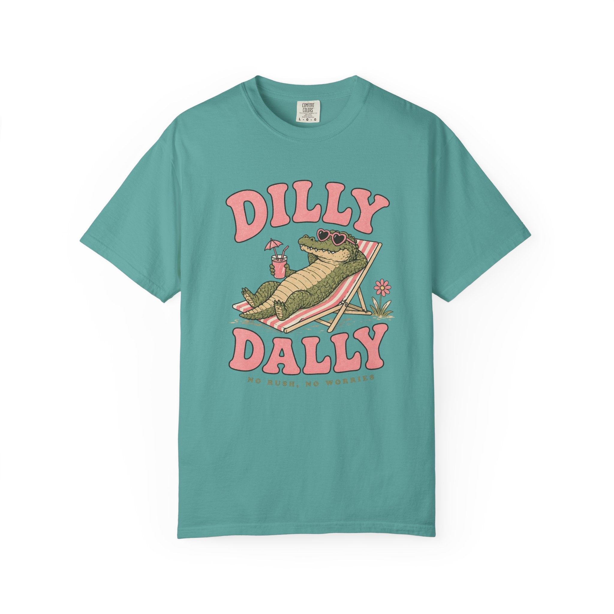 Dilly Dally Alligator Lounge T-shirt | Lazy Summer Palm Drink Graphic