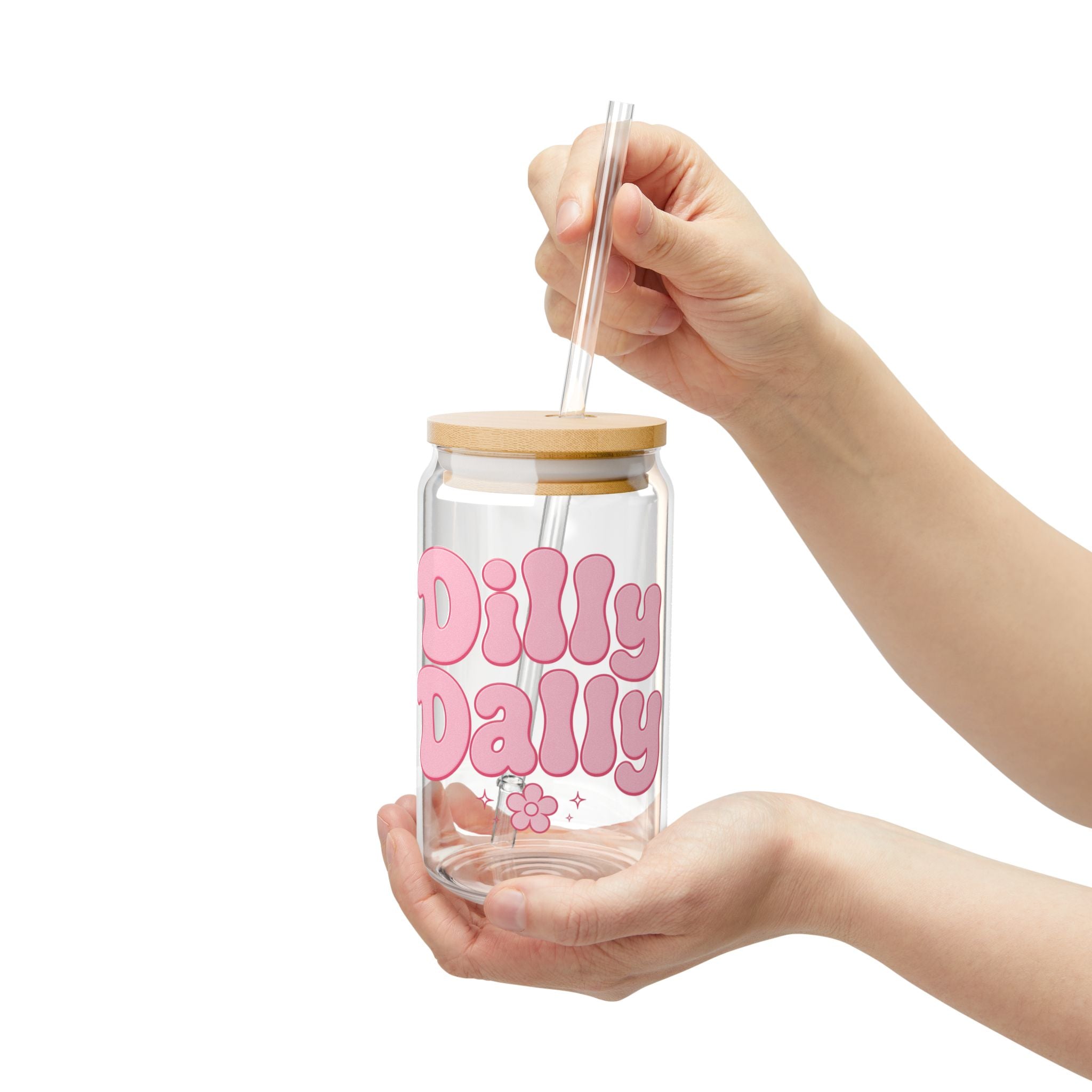 Dilly Dally pink retro bubble text Sipper Glass | 16oz clear tumbler with straw