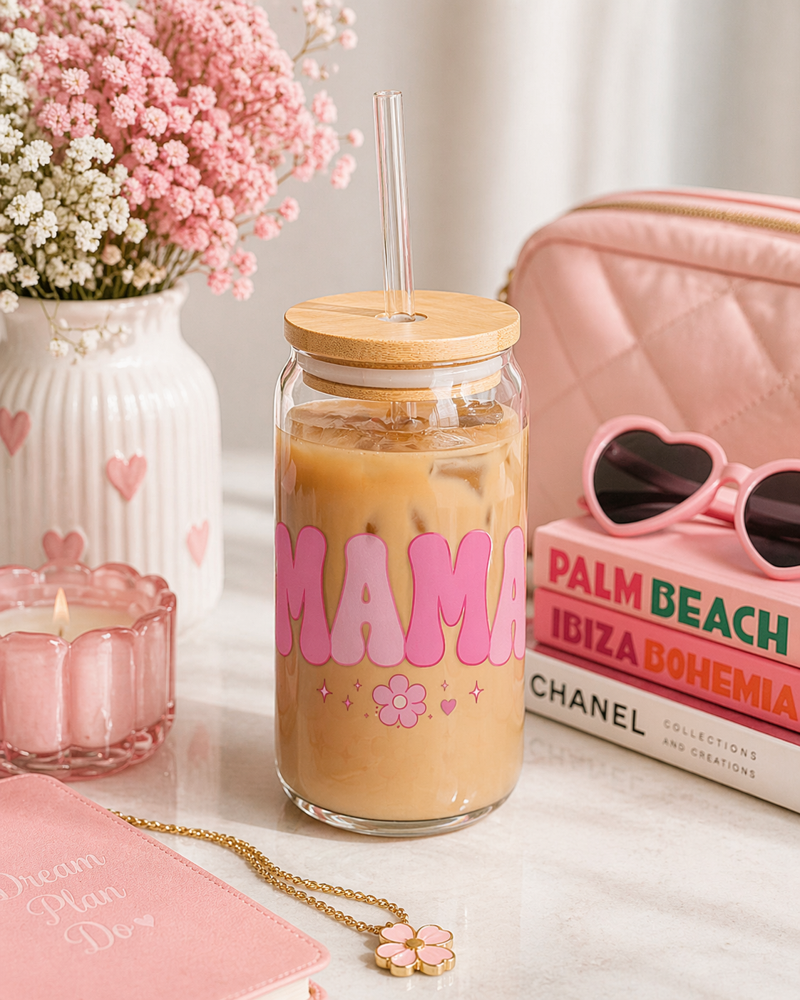 Mama bubble letters Sipper Glass | 16oz pink floral design