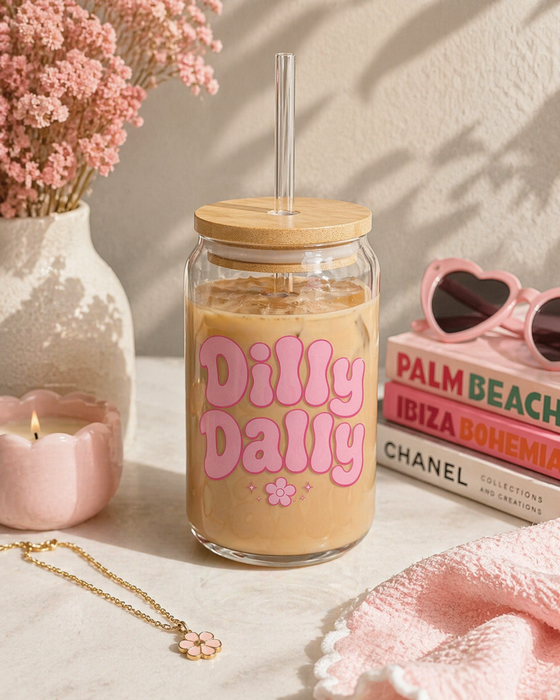 Dilly Dally pink retro bubble text Sipper Glass | 16oz clear tumbler with straw