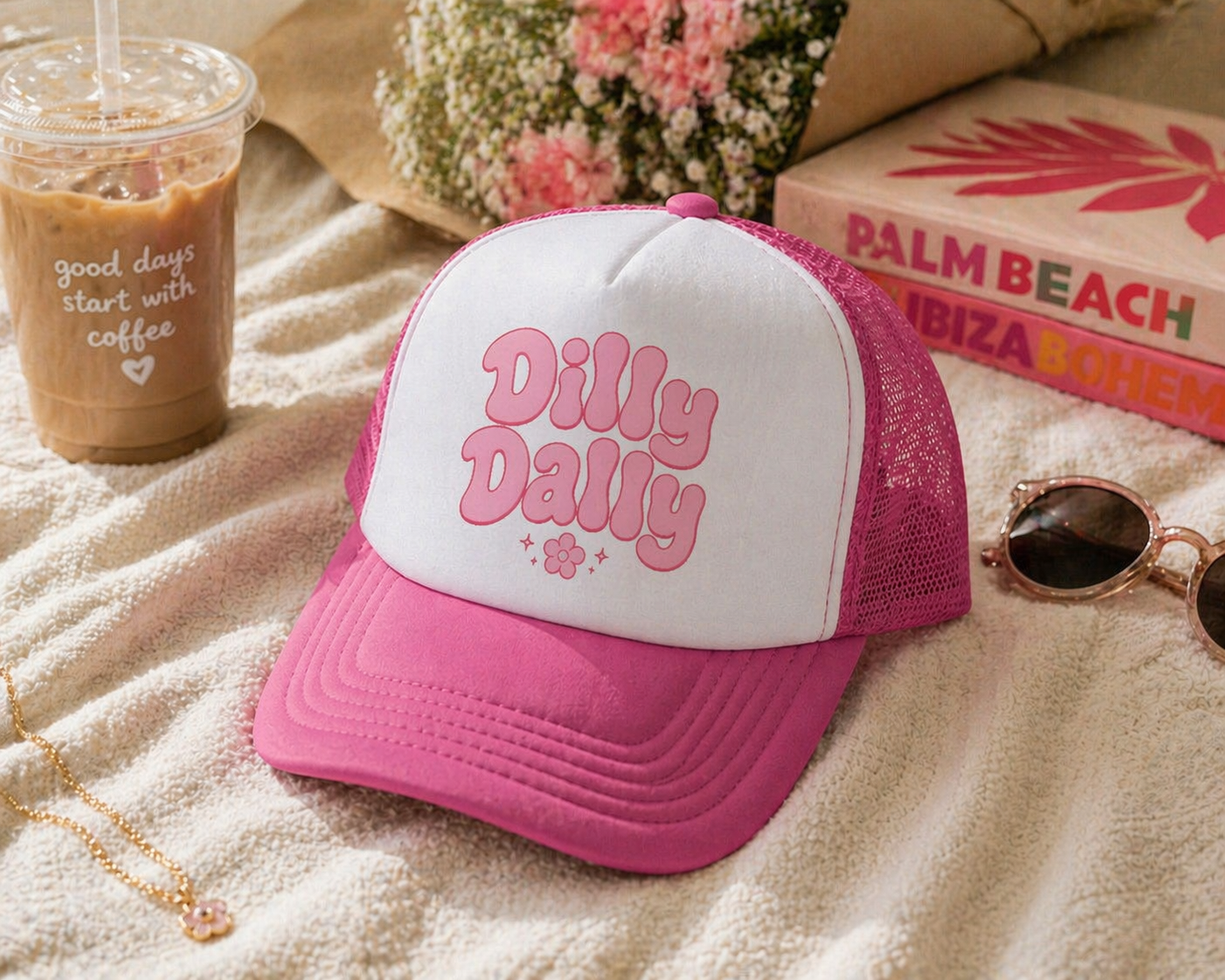 Dilly Dally pink bubbly lettering Trucker Cap | retro flower script