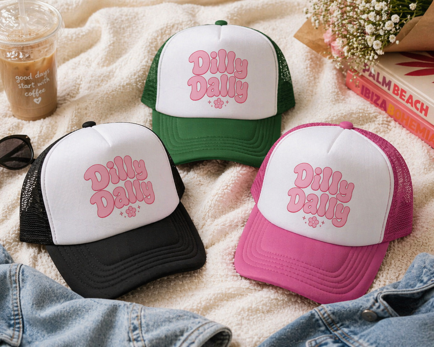 Dilly Dally pink bubbly lettering Trucker Cap | retro flower script