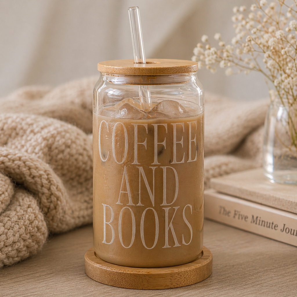 Coffee and Books Sipper Glass | 16oz Clear Tumbler with Bamboo Lid