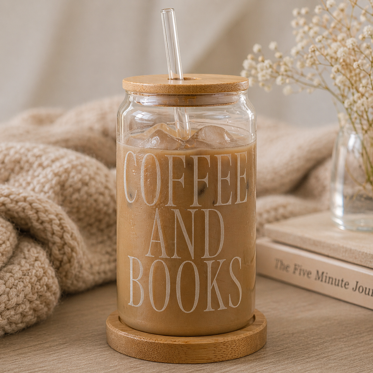 Coffee and Books Sipper Glass | 16oz Clear Tumbler with Bamboo Lid