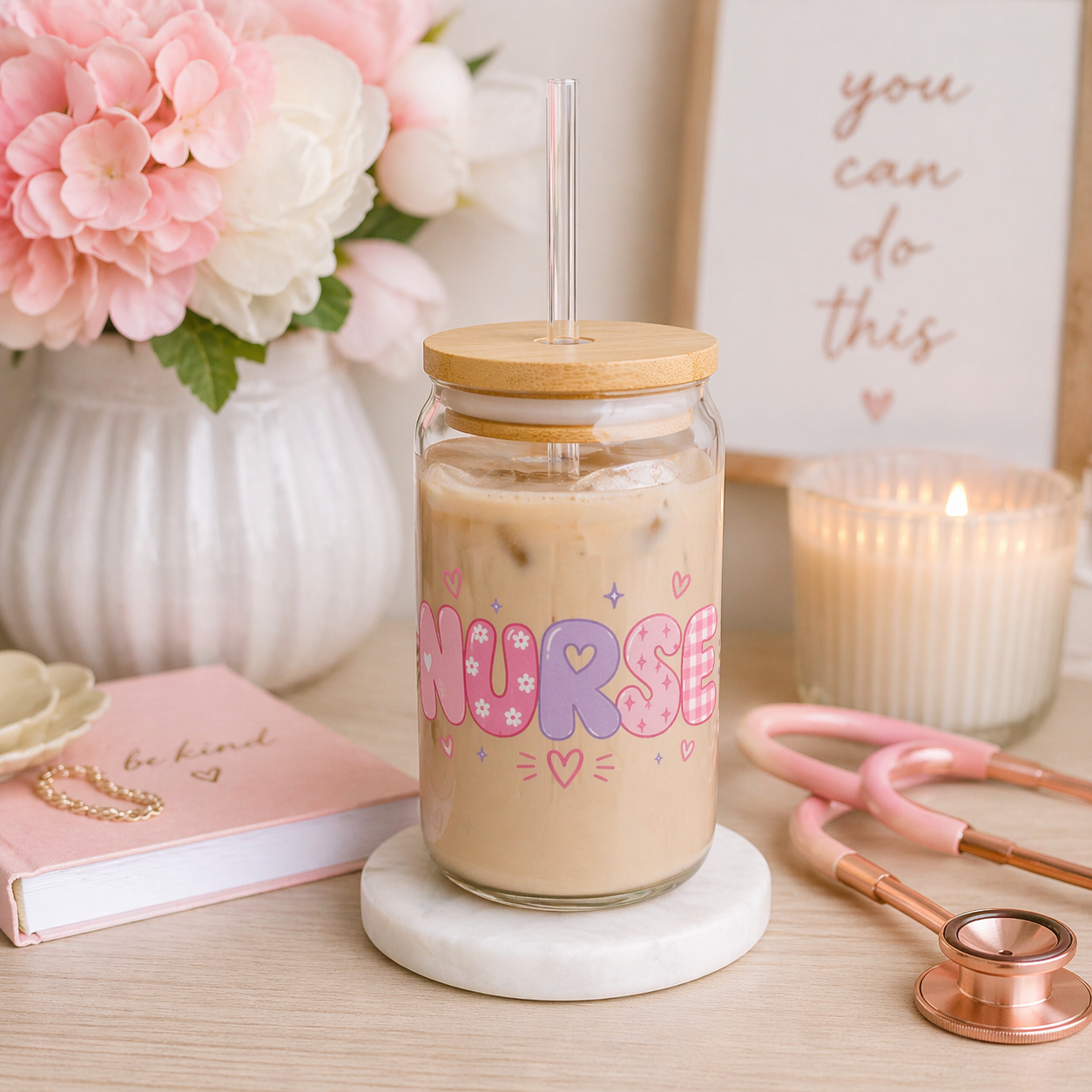 Kawaii Heart Bubble Letter Nurses Sipper Glass | 16oz