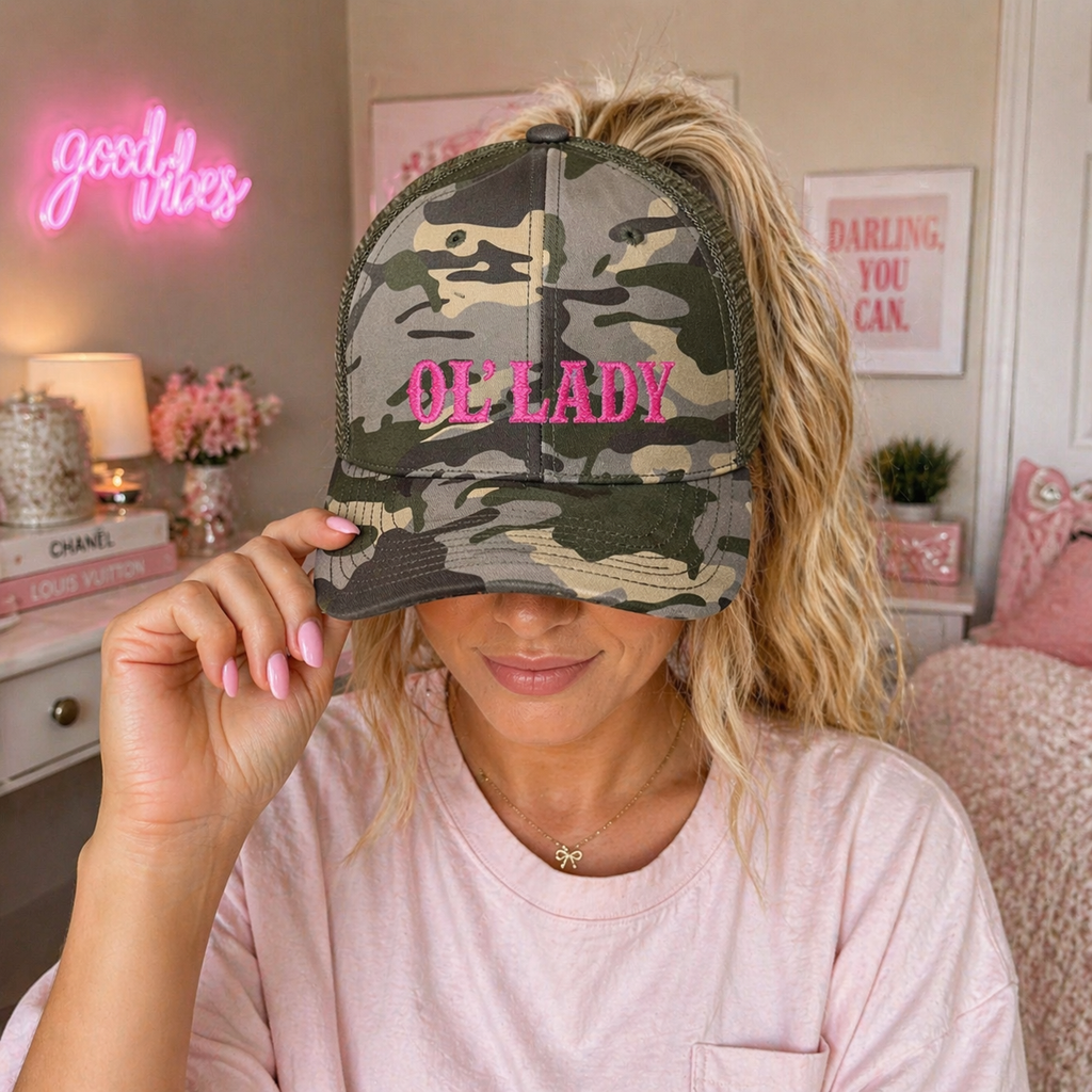 OL' LADY embroidered camo trucker hat | camouflage mesh cap