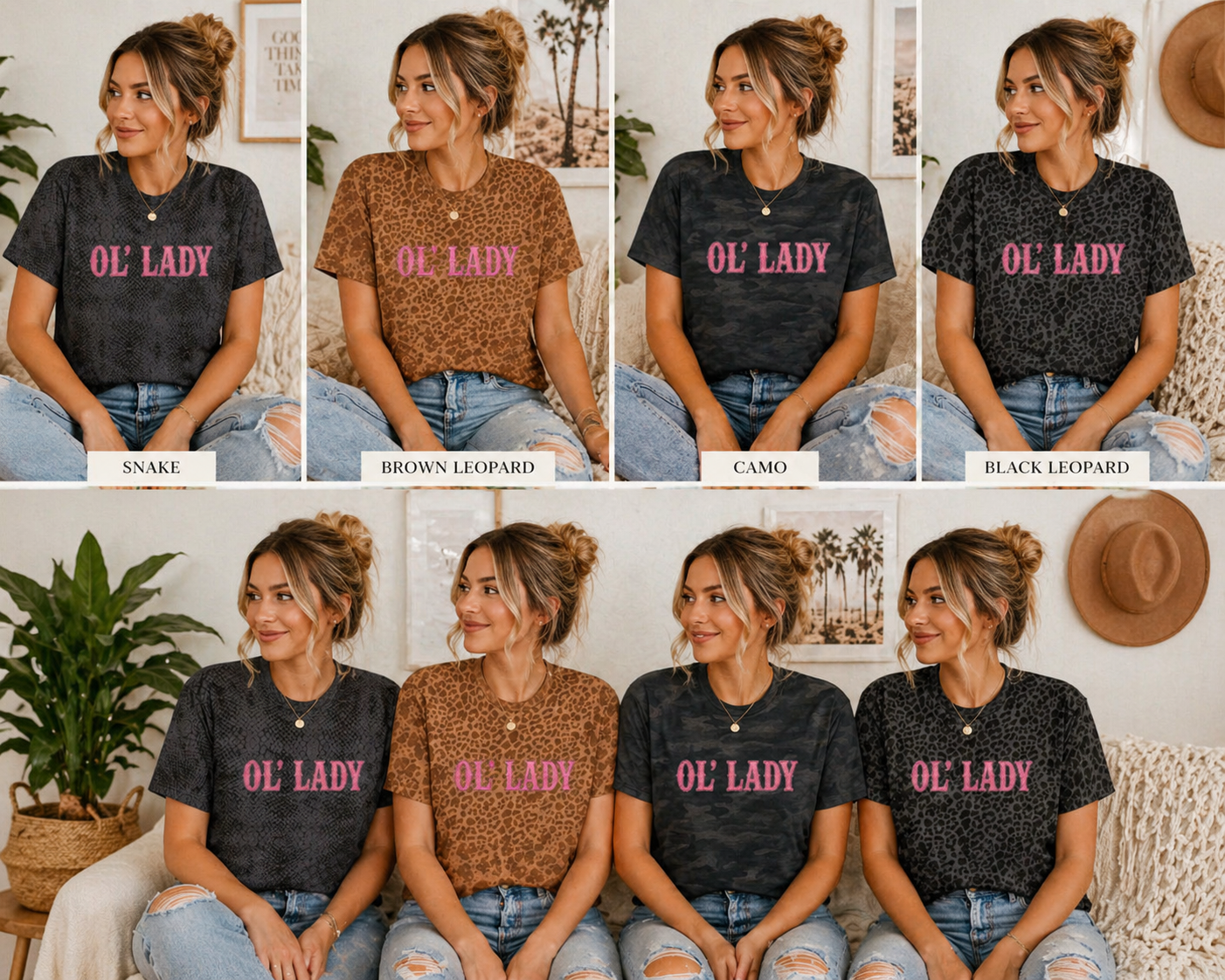 Ol' Lady leopard print text T-Shirt | pink typography, vintage western style