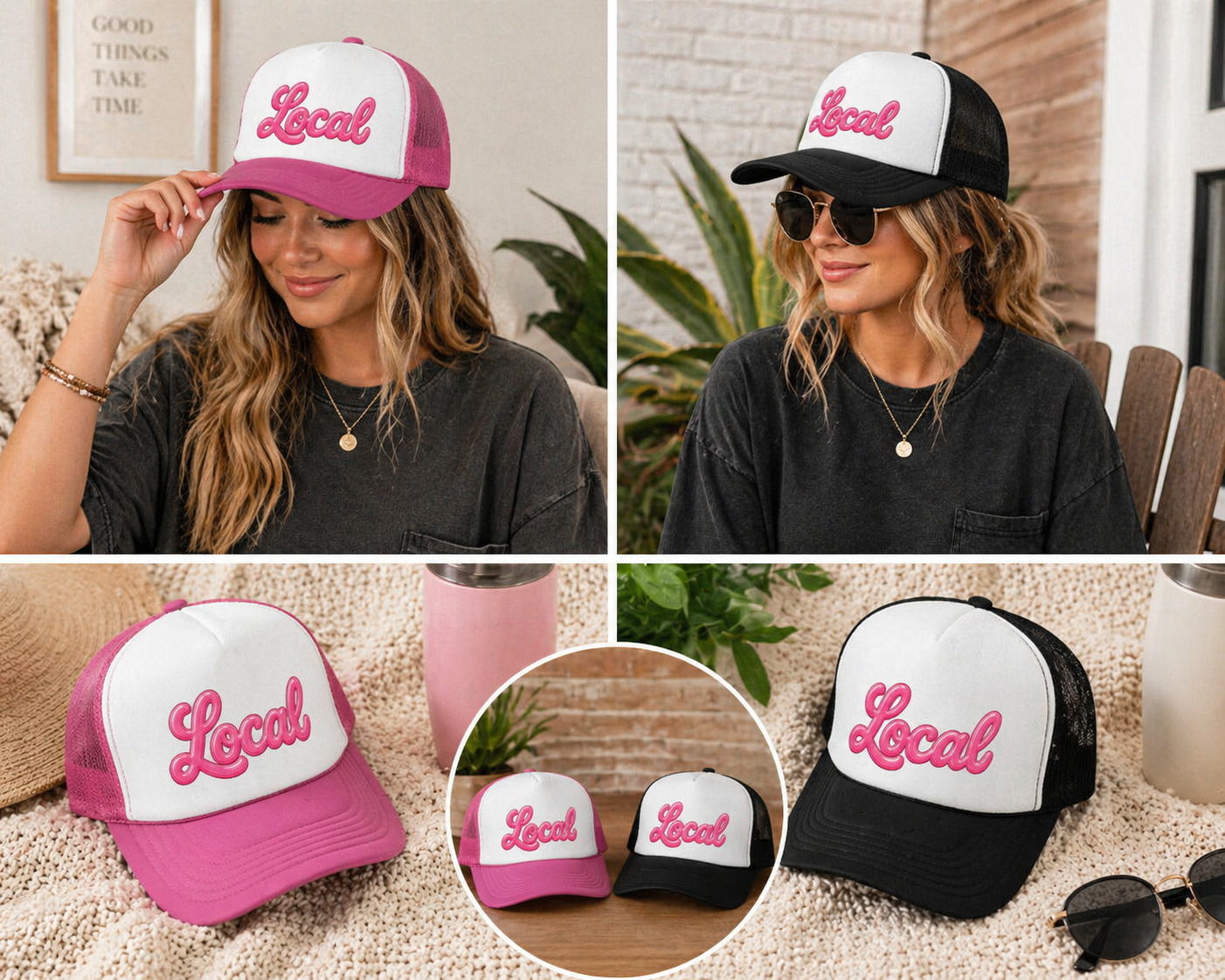 Pink 'Local' Script Trucker Cap | Embroidered Mesh Truckers