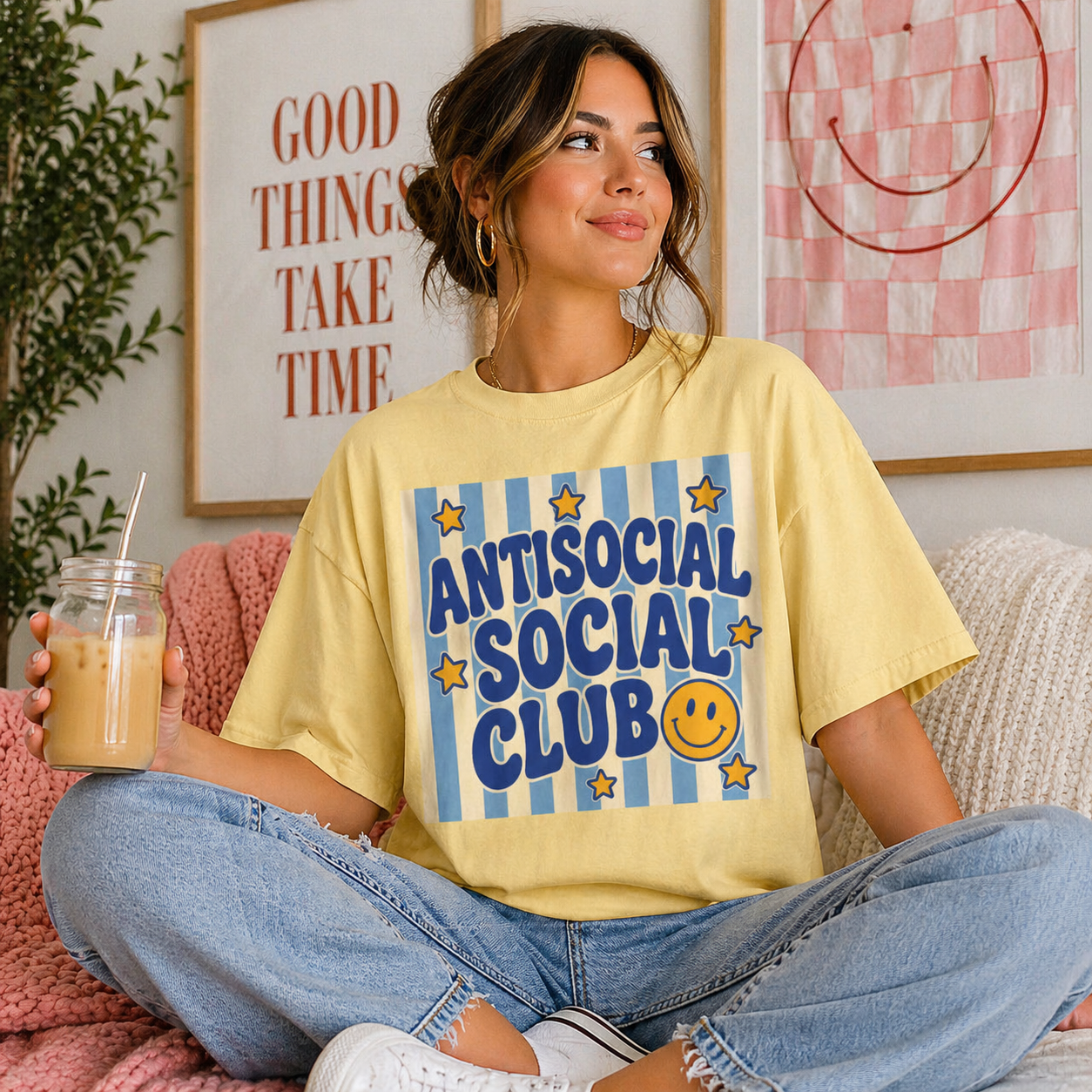 Antisocial Social Club smiley graphic T-Shirt | retro blue stripes
