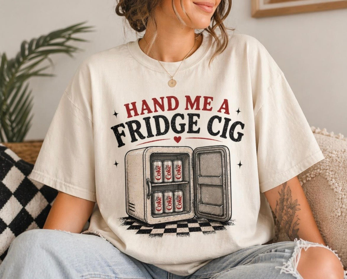 Hand Me a Fridge Cig T-shirt | Retro Mini Fridge Illustration, Vintage Humor