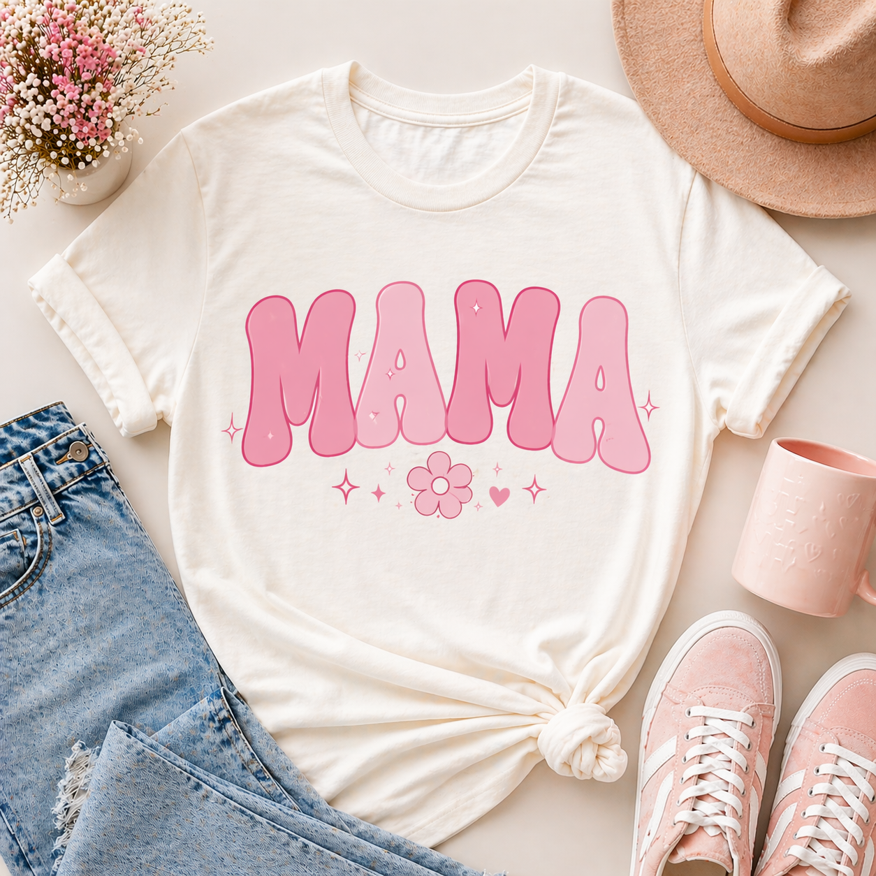 Mama bubble letters T-shirt | pink flower retro mom design