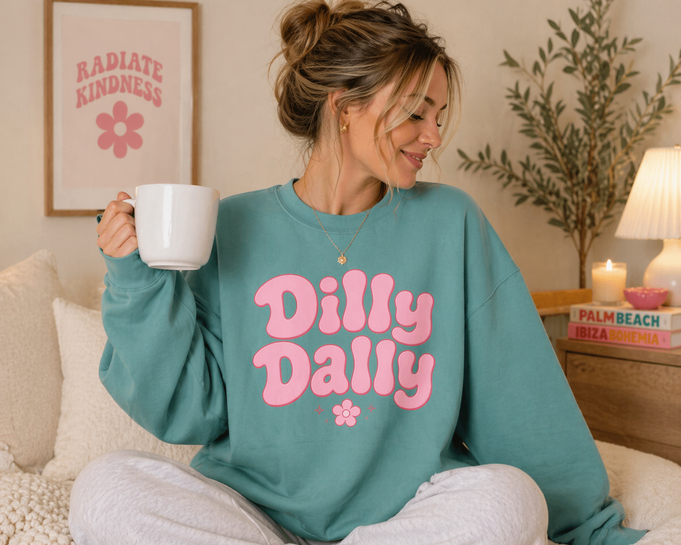 Dilly Dally bubble text sweatshirt | retro pink flower design