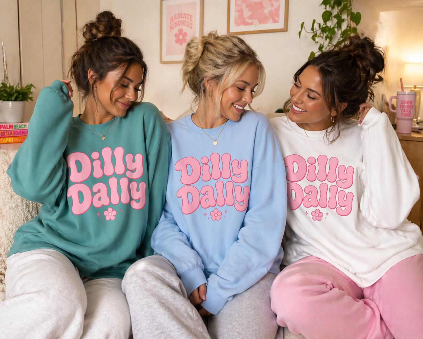 Dilly Dally bubble text sweatshirt | retro pink flower design