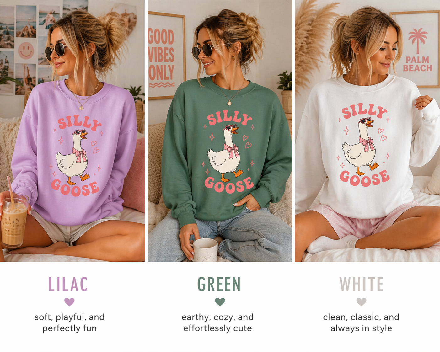 Silly Goose sweatshirt | Cute Duck Illustration, Pastel Pink Text