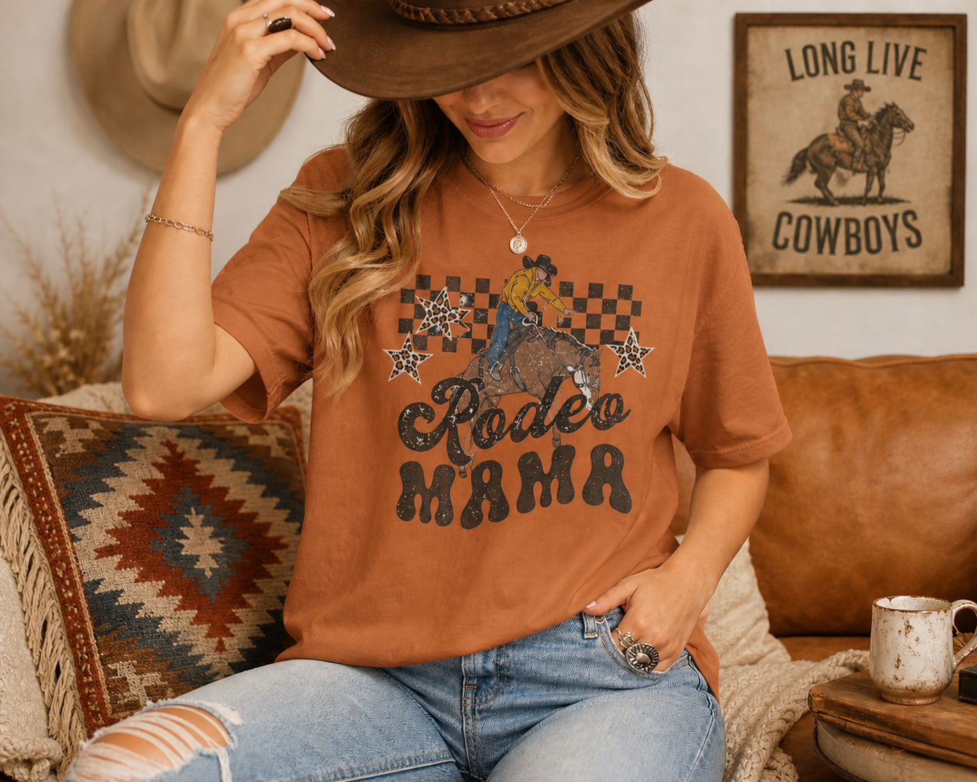 Rodeo Mama T-shirt | Cowgirl Riding Horse, Checkerboard Stars Western Design