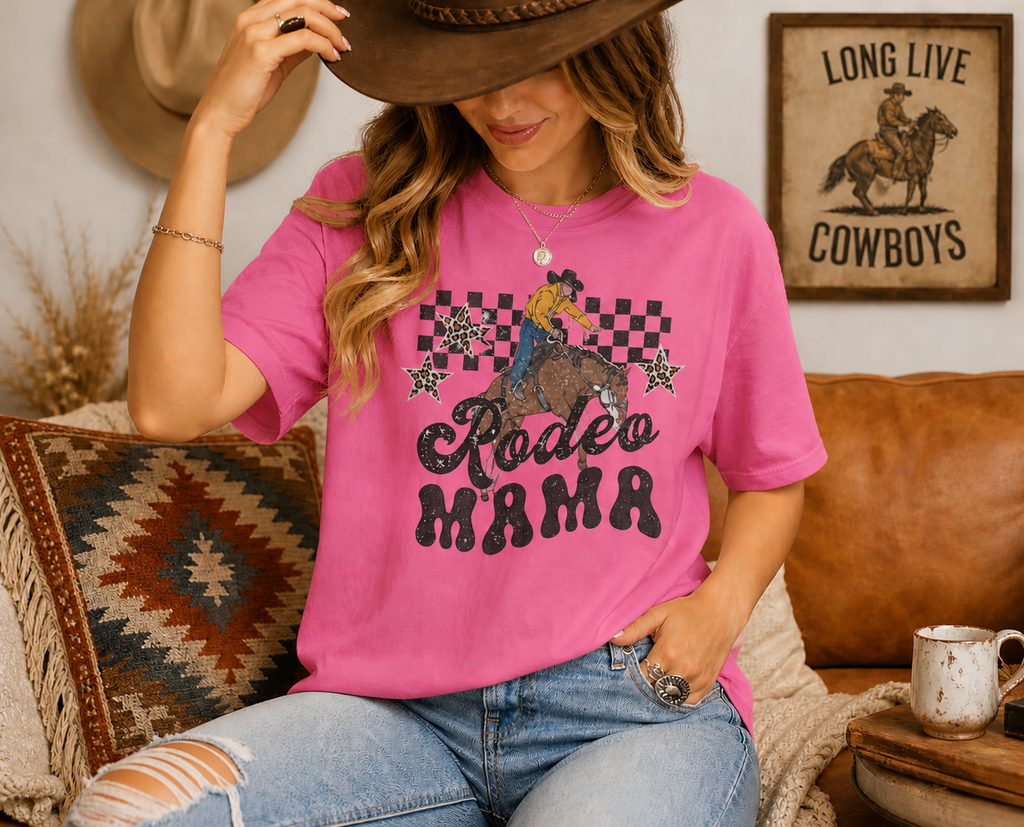 Rodeo Mama T-shirt | Cowgirl Riding Horse, Checkerboard Stars Western Design