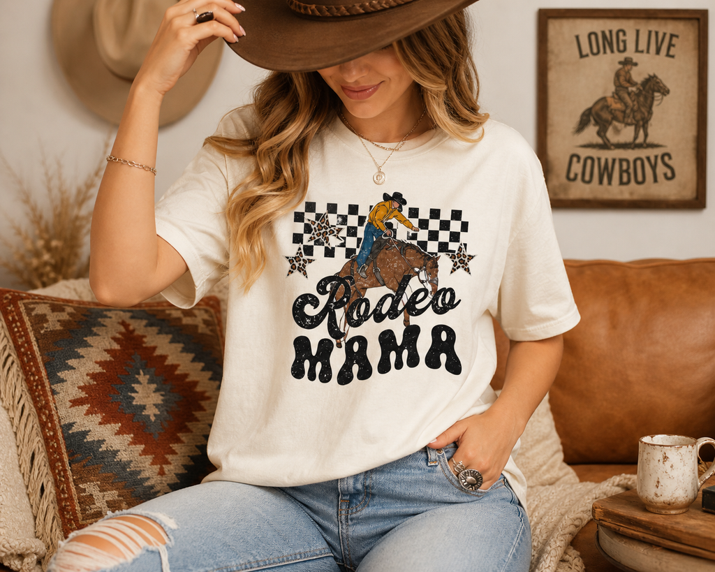 Rodeo Mama T-shirt | Cowgirl Riding Horse, Checkerboard Stars Western Design