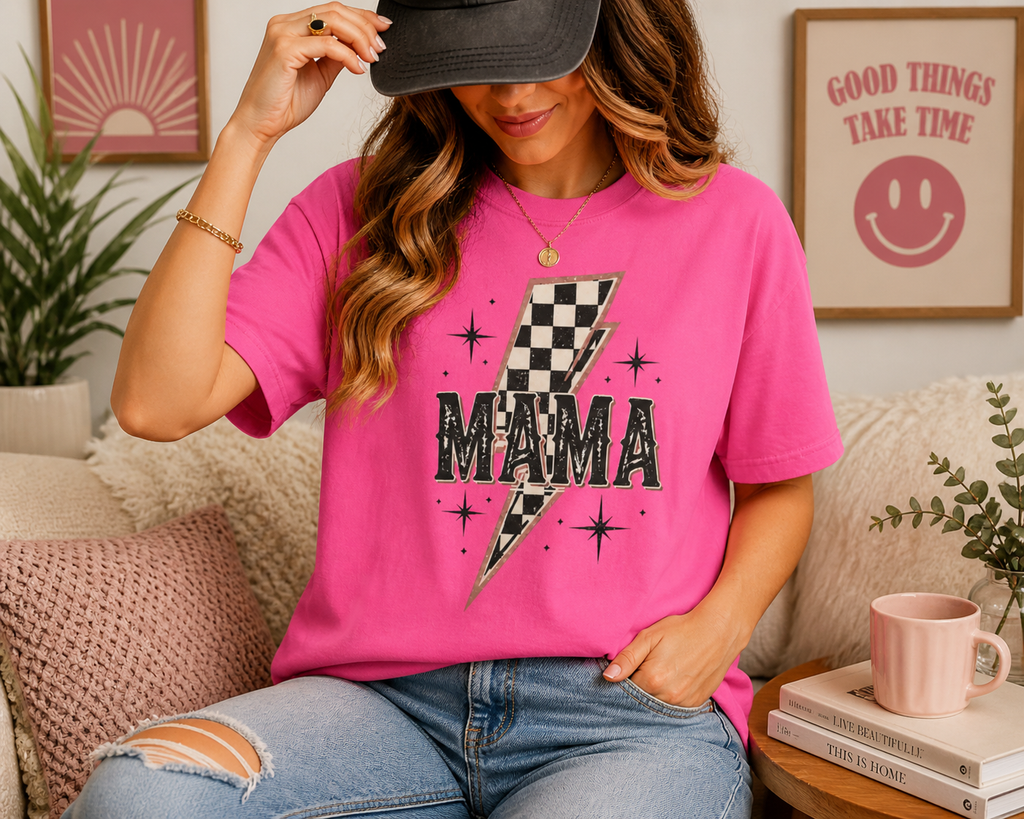 Mama Lightning Bolt Checkerboard T-shirt | Retro Rocker Mama Shirt