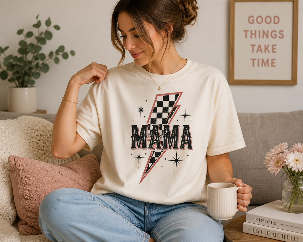 Mama Lightning Bolt Checkerboard T-shirt | Retro Rocker Mama Shirt