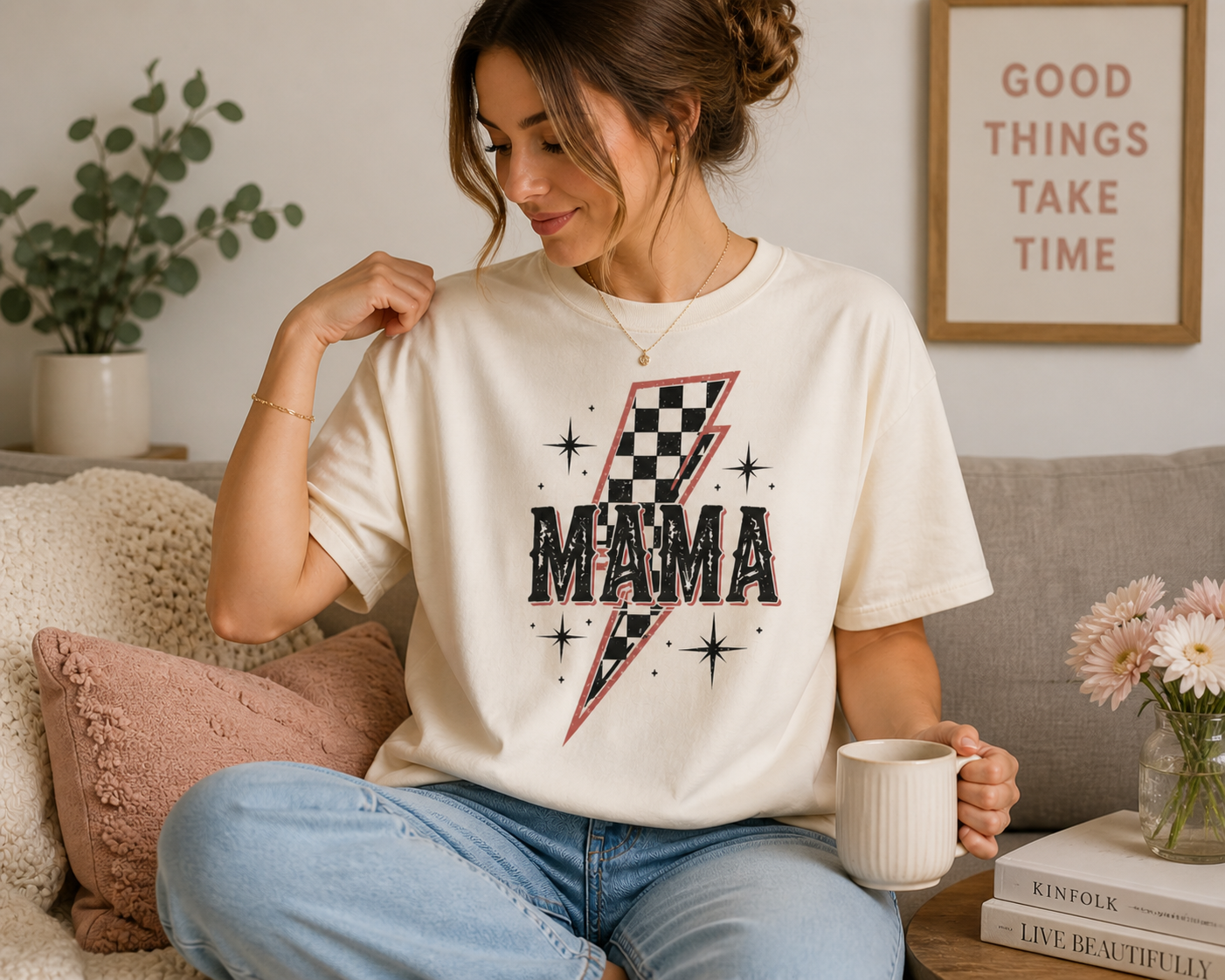 Mama Lightning Bolt Checkerboard T-shirt | Retro Rocker Mama Shirt