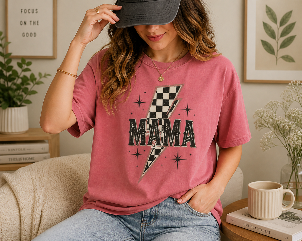 Mama Lightning Bolt Checkerboard T-shirt | Retro Rocker Mama Shirt
