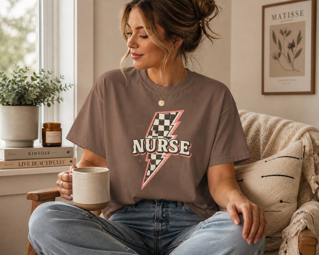 Checkerboard Lightning Nurse T-Shirt | Retro Sparkle Medical Tee