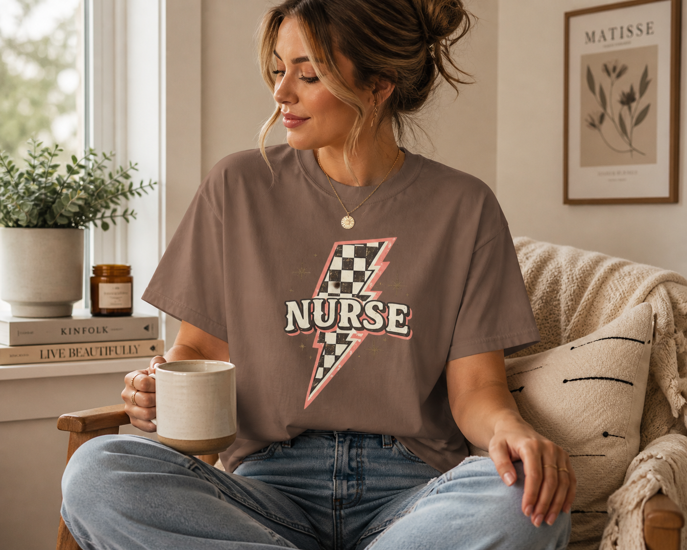 Checkerboard Lightning Nurse T-Shirt | Retro Sparkle Medical Tee