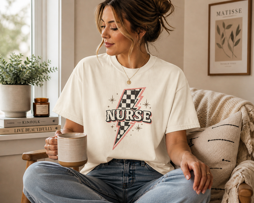 Checkerboard Lightning Nurse T-Shirt | Retro Sparkle Medical Tee